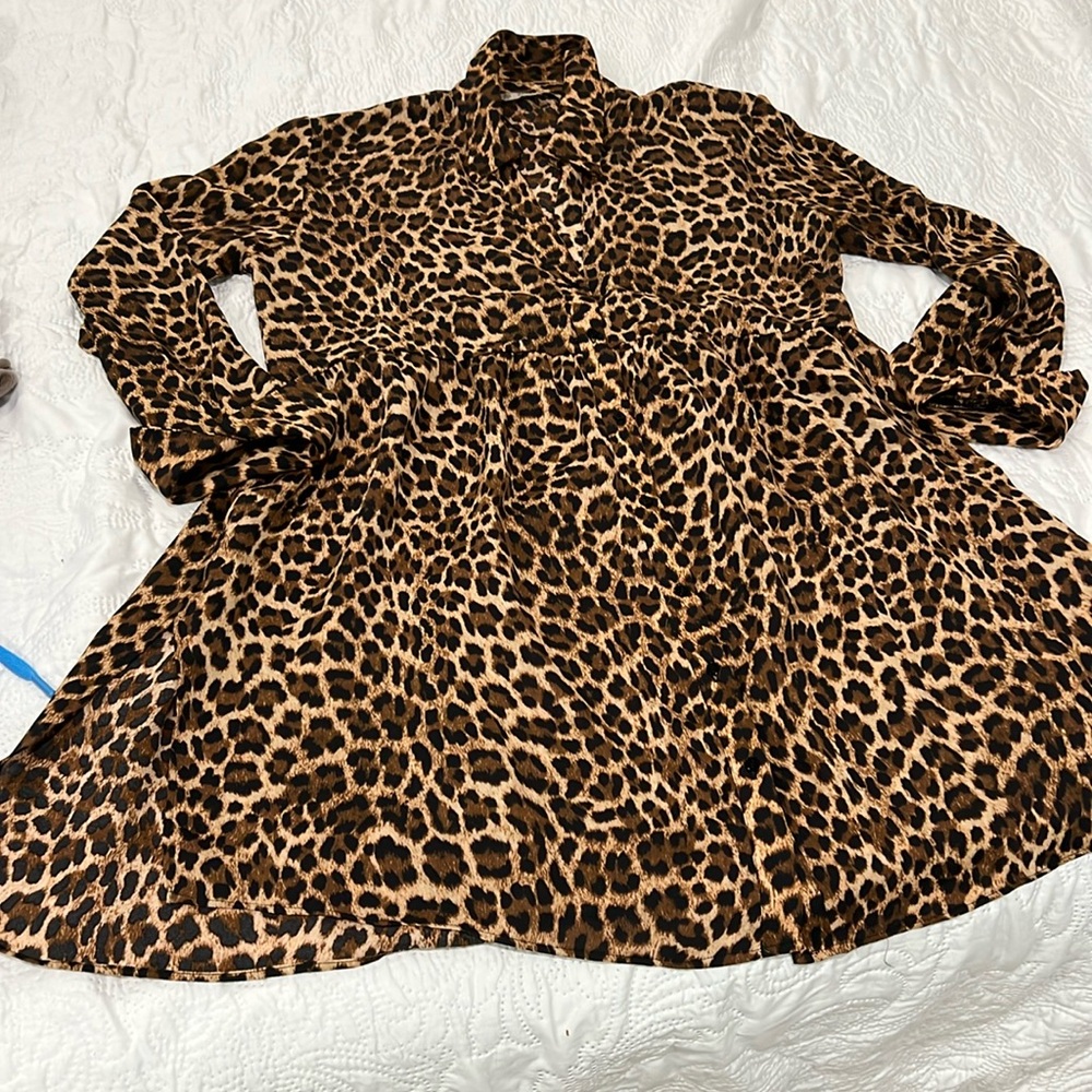 Zara Leopard Print Long Sleeve baby doll dress button size medium